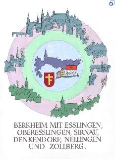 Im Zentrum befindet sich Berkheim, im äußeren Kreis finden sich die umliegenden Orte: Esslingen mit Stadtteilen Zollberg, Oberesslingen und Sirnau, Denkendorf, Nellingen - Berkheim als "Nabel der Welt" Im Zentrum befindet sich Berkheim, im äußeren Kreis finden sich die umliegenden Orte: Esslingen mit Stadtteilen Zollberg, Oberesslingen und Sirnau, Denkendorf, Nellingen - Berkheim als "Nabel der Welt"