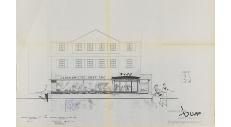 Planunterlagen aus dem Baugesucht von 1958, Frontansicht mit großem Schaufenster