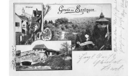Mehrbildpostkarte mit Motiven der Burg: der Stadt heraus, Melachäuschen und von Norden mit dem Burggraben, um 1900 