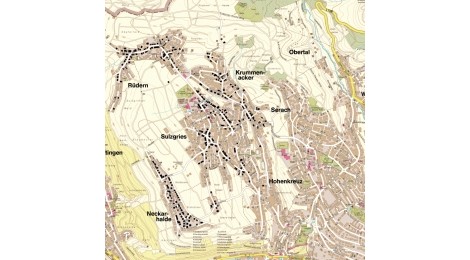 Stadtplan von RSKN heute mit eingetragener Bebauung von 1922 (Stadtplanungs- und Stadtmessungsamt, Andreas Ludwig)