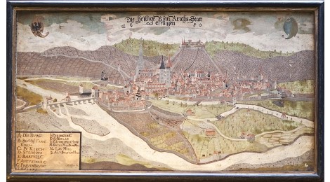 Älteste Stadtansicht von Matthäus Pfister. Am linken Bildrand die noch unbebauten Wiesen und Gärten der Weststadt