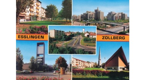 Mehrbildpostkarte. zeigt von oben links nach unten rechts: Zollernplatz, Fußgängerüberweg über dei Zollbergstraße, katholische und evangelische Kirche und Zufahrt über die Waldheimstraße